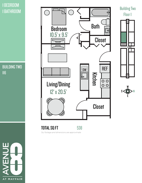 Floor plan for 2 beds, 2 baths, 809 sqft